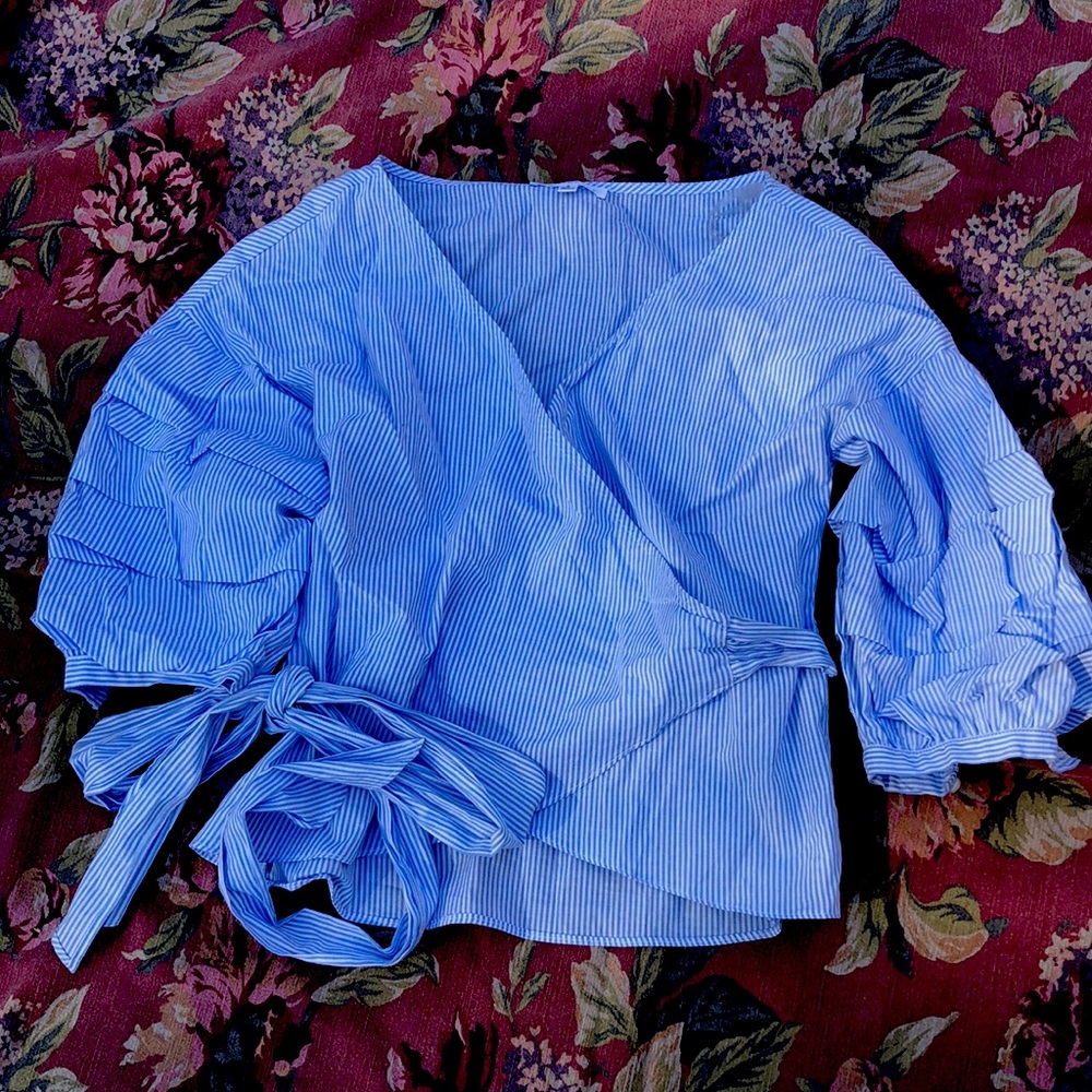 Socialite Blue and white striped wrap puffy sleeve blouse